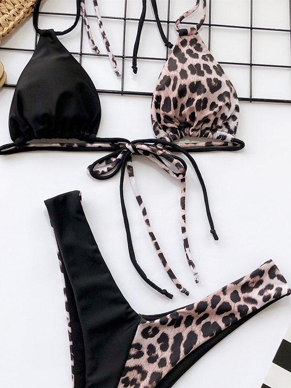 Leopard Stitching Halter Bikini Swimsuit