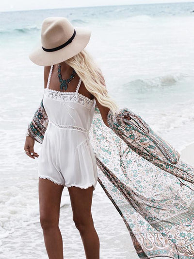 Green Floral Print Chiffon Bohemia Beach Long Cardigan Tops