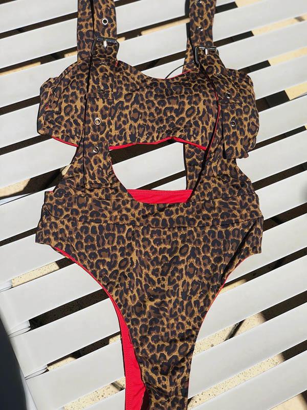 Leopard-Print Straps Split Bikini Swimsuit