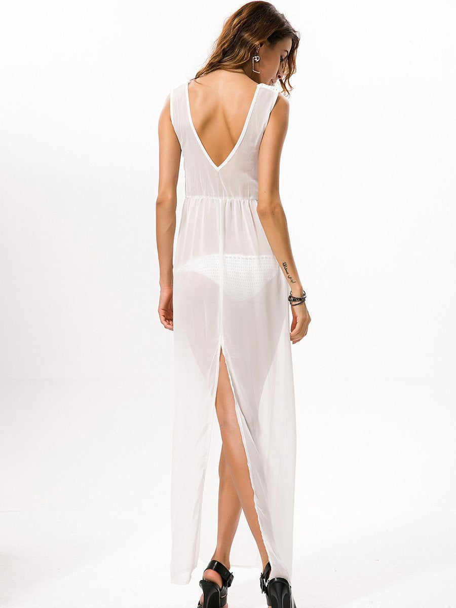 Pretty Chiffon Sleeveless V Neck Side Split Beach Maxi Dress