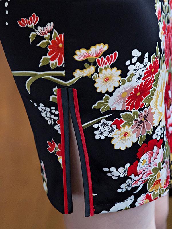 Floral Print Chinese Traditional Dress in Black Color