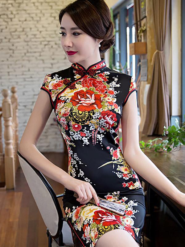 Floral Print Chinese Traditional Dress in Black Color