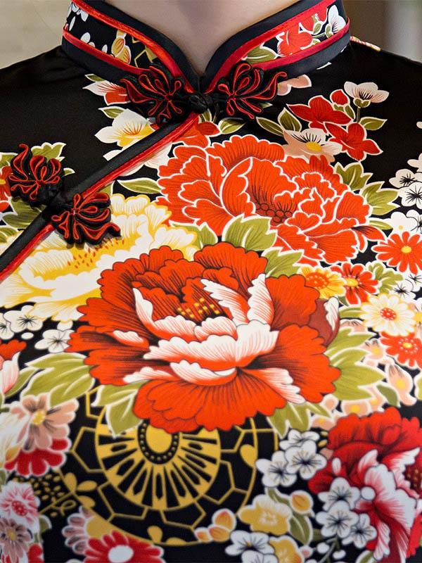 Floral Print Chinese Traditional Dress in Black Color