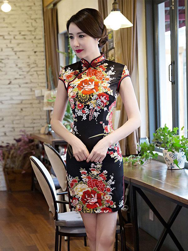 Floral Print Chinese Traditional Dress in Black Color