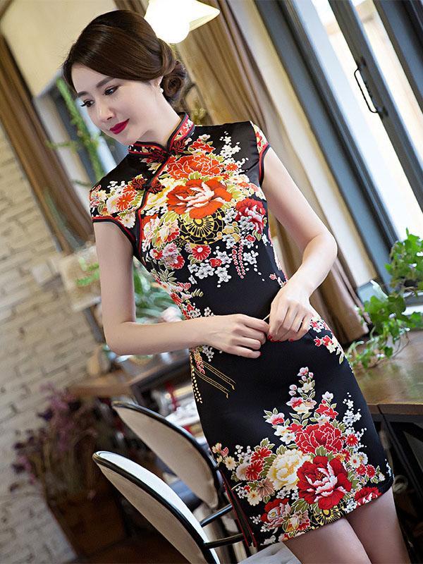 Floral Print Chinese Traditional Dress in Black Color