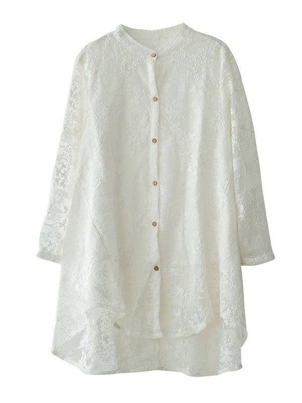 Artistic Retro Solid Color Lace Embroidered Buttoned Lapel Collar Blouse