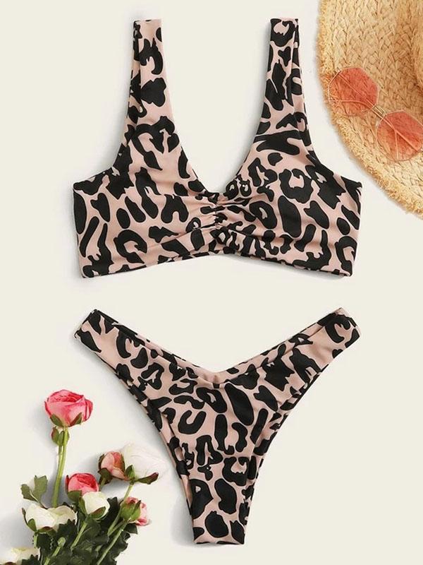 Leopard Print Folded Split Bikini Swimsuit