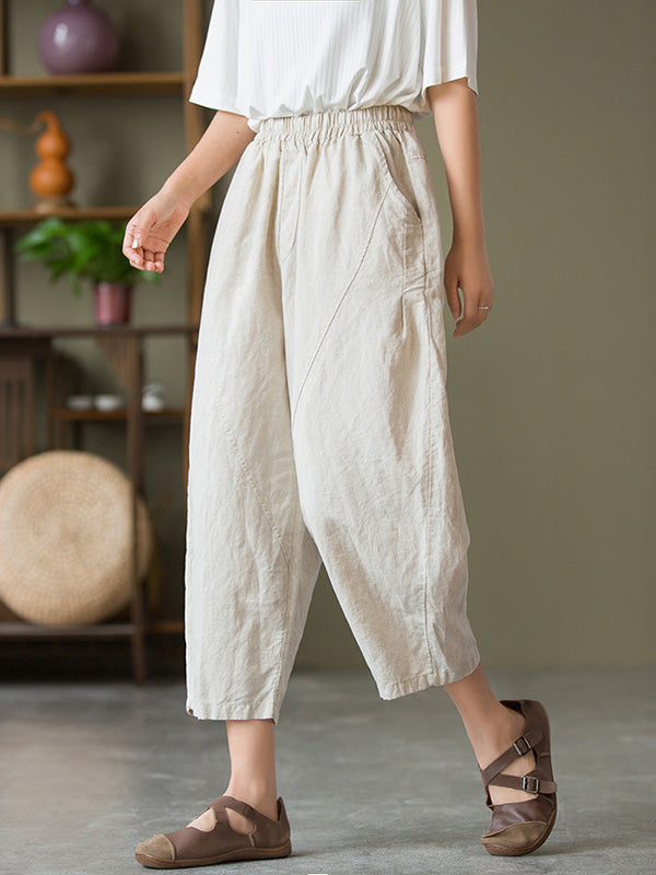 Simple Loose Linen Solid Color Split-Joint Pleated Drawstring Casual Pants