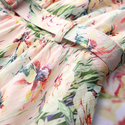 Cotton Linen Flower Print Slim Belted Sleeveless Boho Dresses