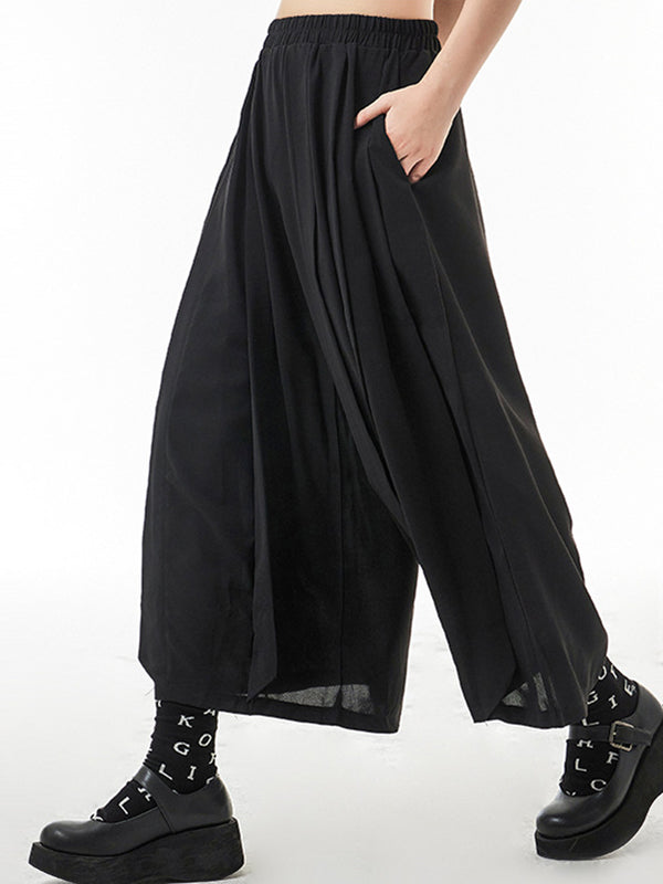 Casual Elasticity Waisted Solid Color Wide Leg Pleated Pants