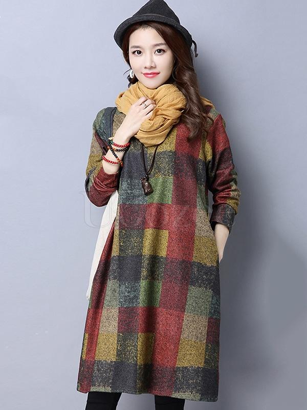 Retro Plaid Thicken Woolen Mini Dress