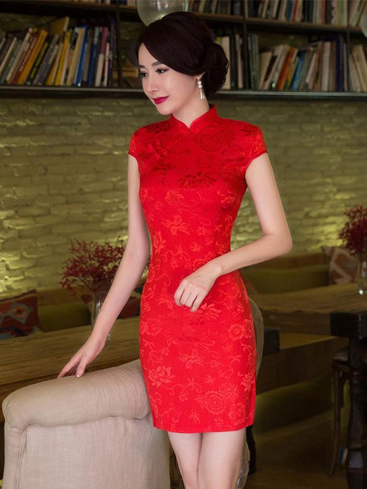 Red Jacquard Stand Collar Short Cheongsam