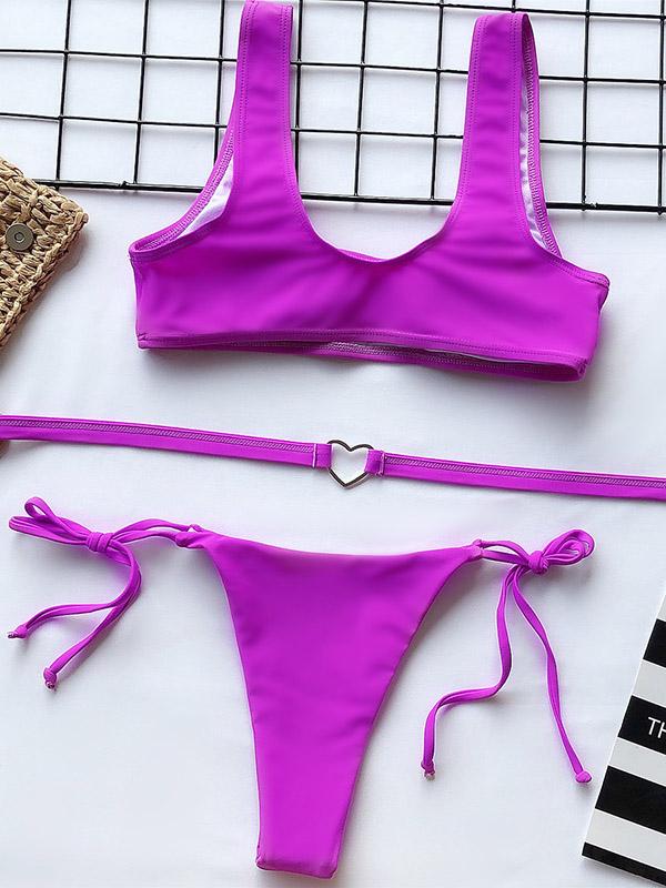 Plain Love Belt Split Bikini Swimsuit