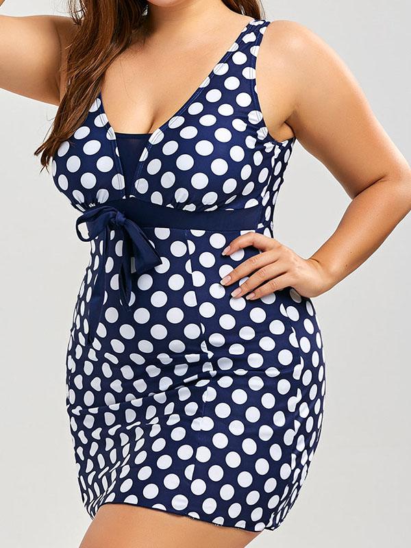 Plus Size Backless Bow-embellished Polka-Dot One Piece