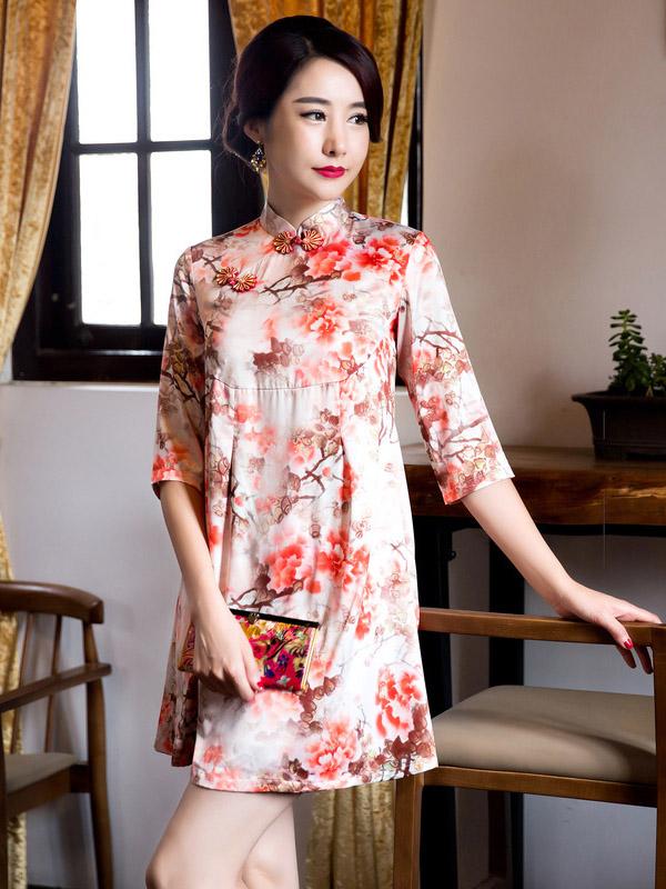 Elegance Frog Half Sleeves Stand Collar Slim Short Cheongsam