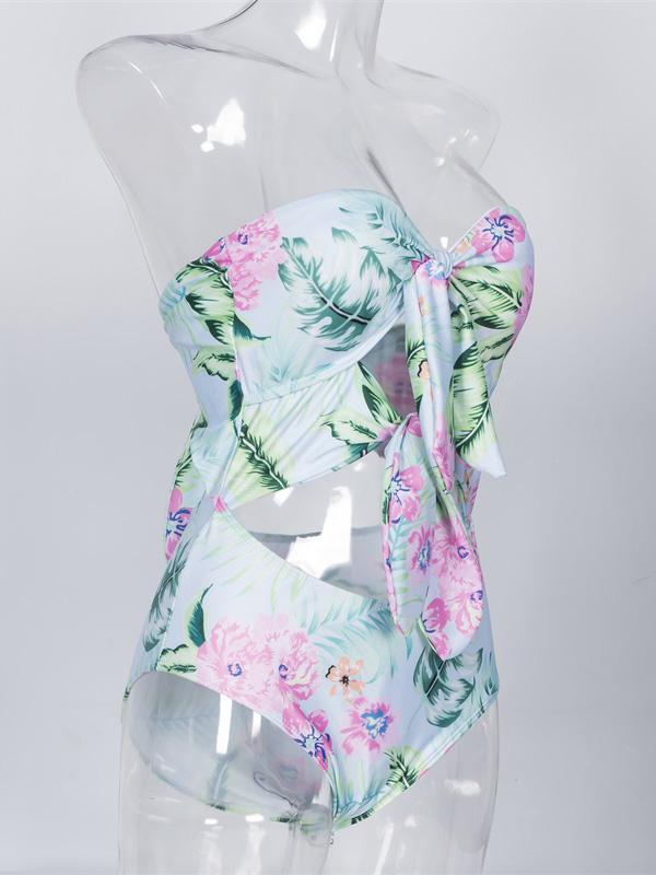 Hollow Printed Knot One-piece Swimwear