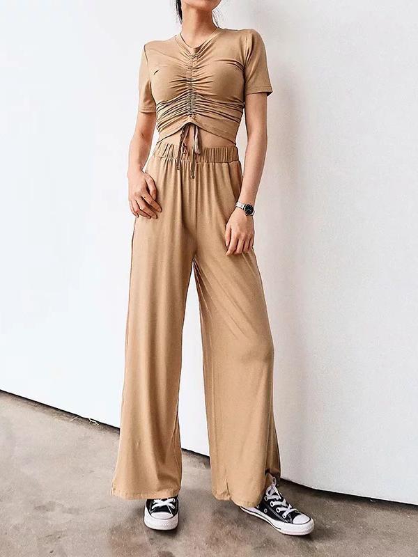 Drawstring Pleated Tees And Wide Leg Pants Suits