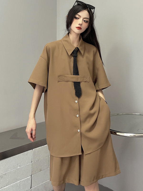 Cool Chic Loose Split-Joint Solid Color With Tie Lapel Collar Half Sleeves Blouse&Pleated Wide Legs Shorts 2 Pieces Set