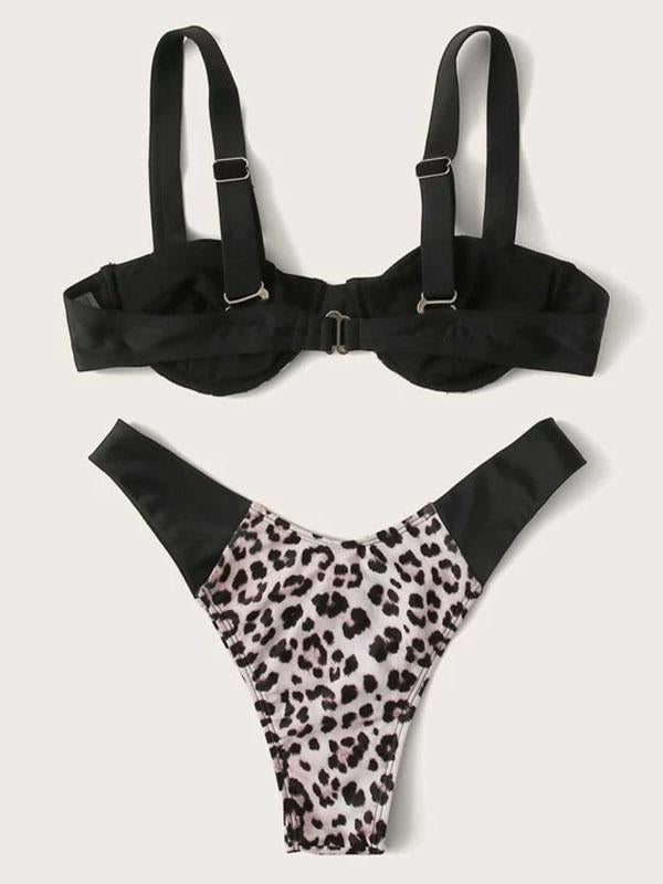 Leopard-Print Split-Joint Split Bikini Swimsuit