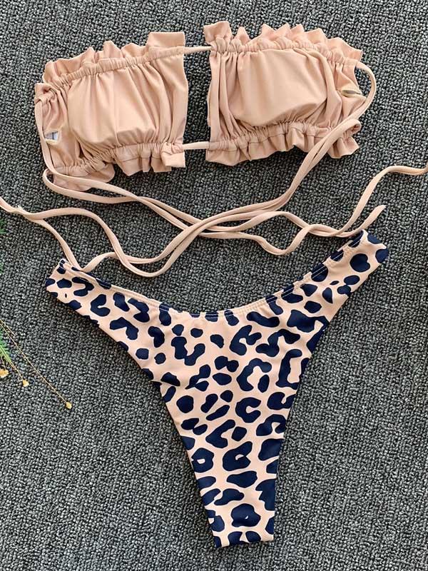 Leopard Lace-Up Pleated Bikini Swimsuit