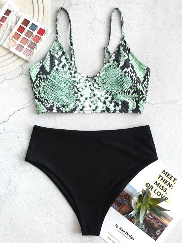 Sexy V-Neck Spaghetti-Neck Snake Pattern Split Type Bikini Swimsuit