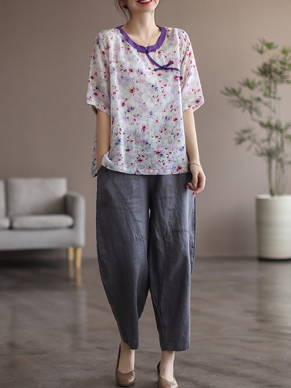 Simple Linen Solid Color Split-Joint Harem Pants