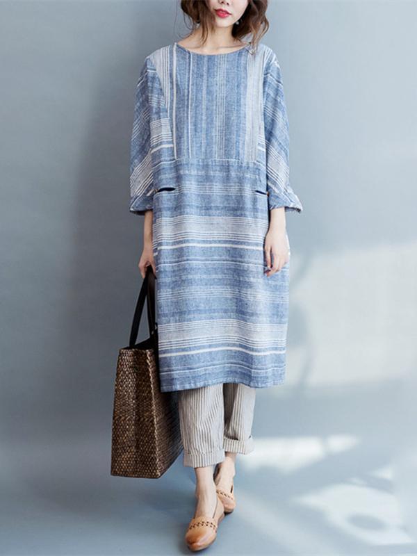 Original Classical Loosen Long Dress with Stripes in Blue Color