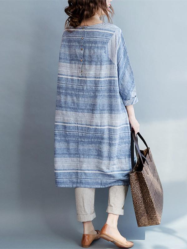 Original Classical Loosen Long Dress with Stripes in Blue Color