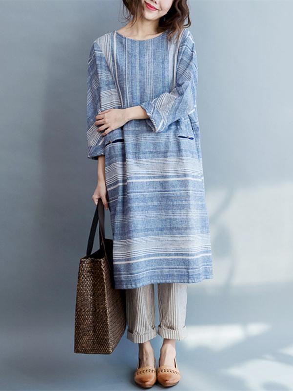 Original Classical Loosen Long Dress with Stripes in Blue Color