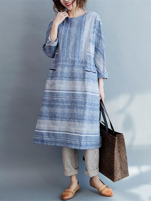 Original Classical Loosen Long Dress with Stripes in Blue Color