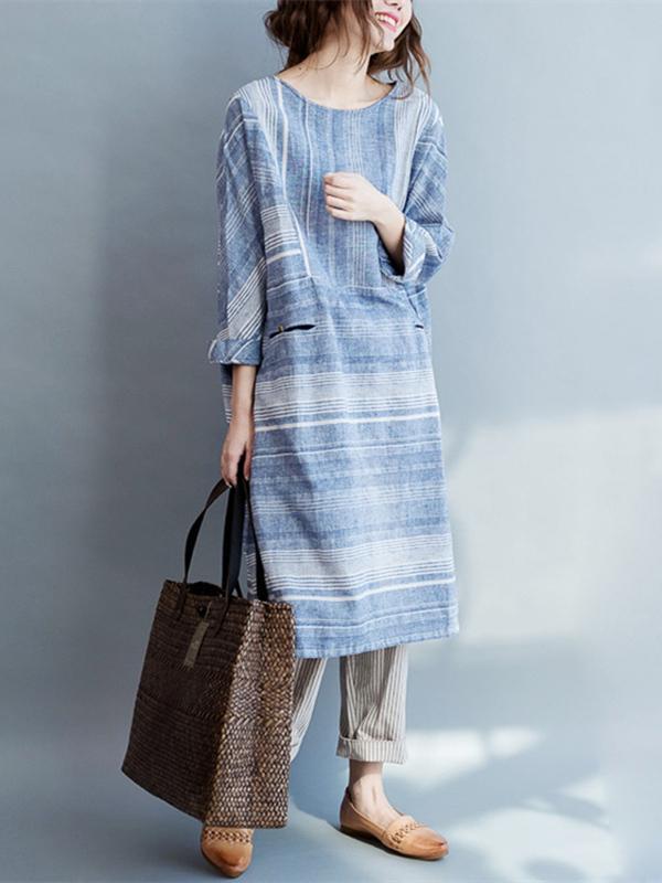 Original Classical Loosen Long Dress with Stripes in Blue Color