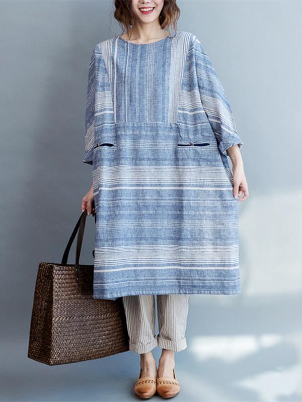 Original Classical Loosen Long Dress with Stripes in Blue Color