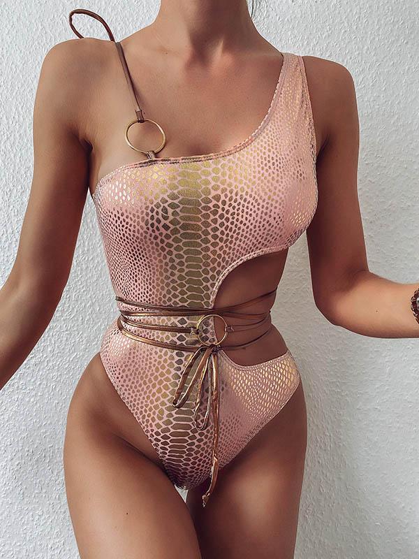 Snake-Print Asymmetric Bandage Split Bikini Swimsuit