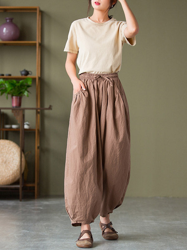 Simple Casual Loose Linen Solid Color Pleated Drawstring Knickerbockers