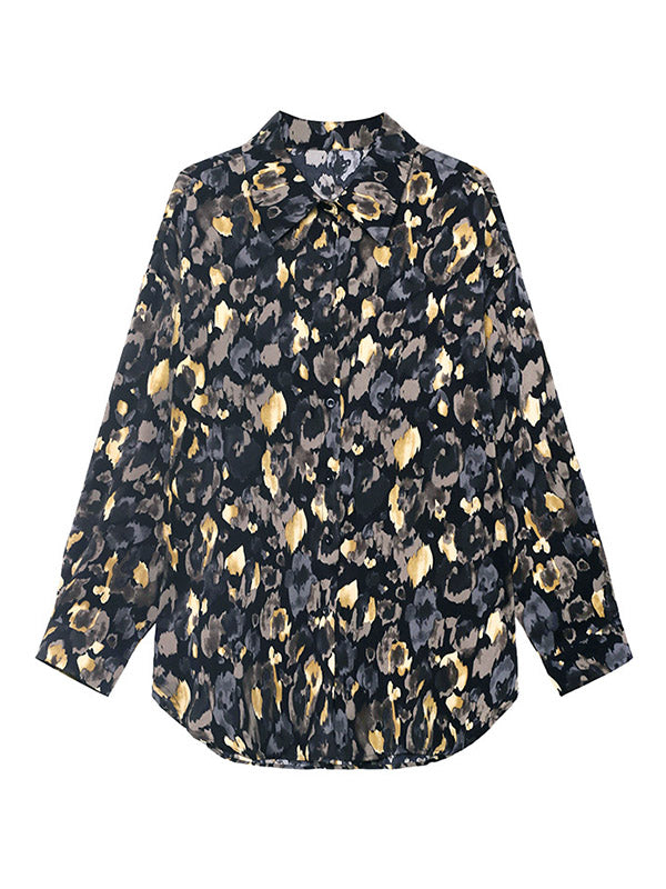 Original Stylish Loose Irregular Split-Joint Buttoned Floral Printed Lapel Collar Long Sleeves Blouse