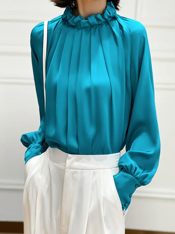 Original Creation Puff Sleeves Long Sleeves Pleated Solid Color Stand Collar Blouses&Shirts Tops