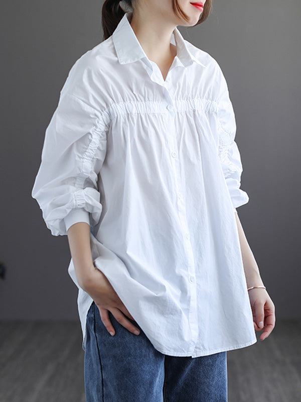 Simple Split-Joint Pleated Buttoned Lapel Collar Long Sleeves Blouses