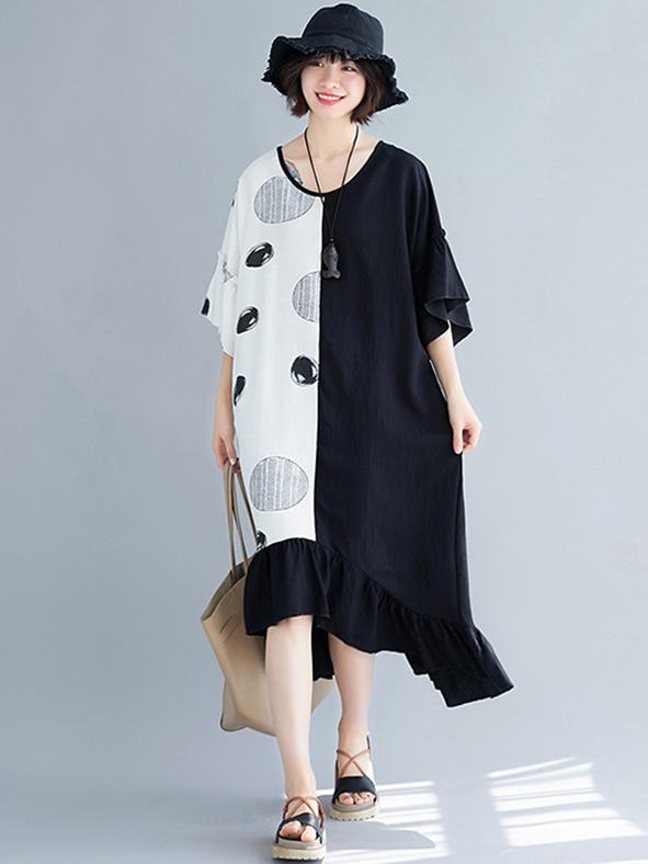 Loose Oversize Asymmetri Falbala Midi Dress