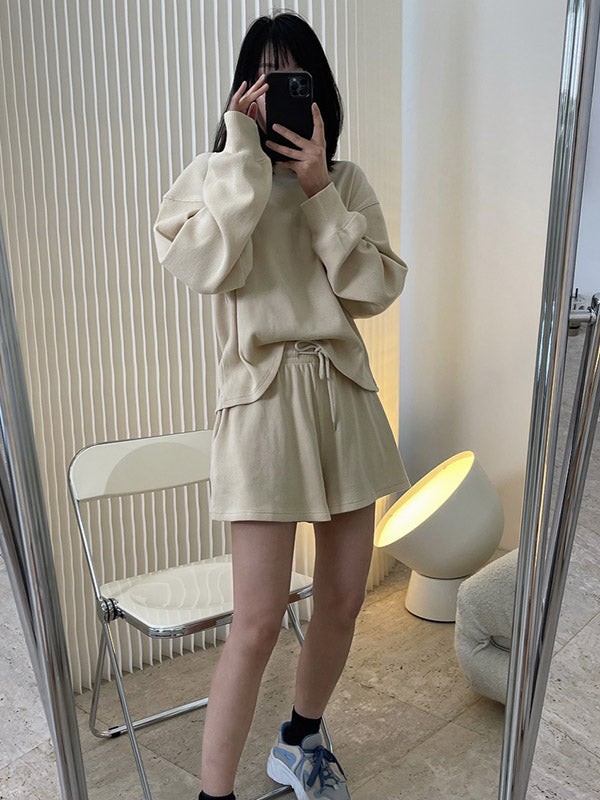 Casual Solid Color Sweatshirts& Drawstring Wide Leg Shorts Suits