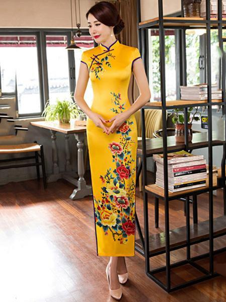 Traditional Cheongsam Long Dress with Open Sides, Two Colors