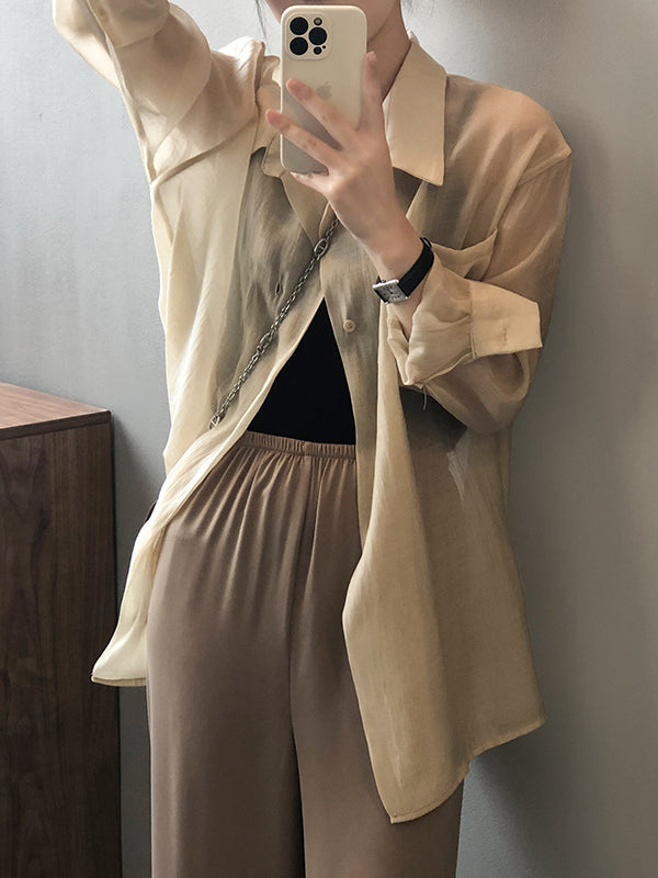 Simple Loose Long Sleeves Solid Color Thin Blouse