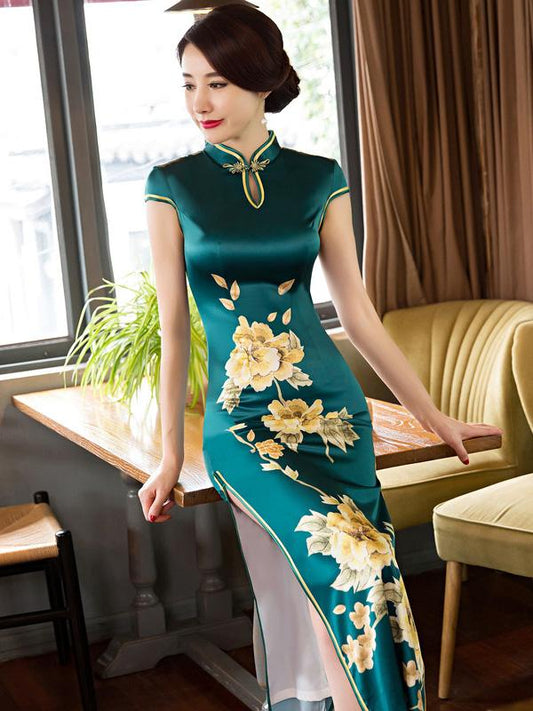 Green Side Split Long Cheongsam Dress