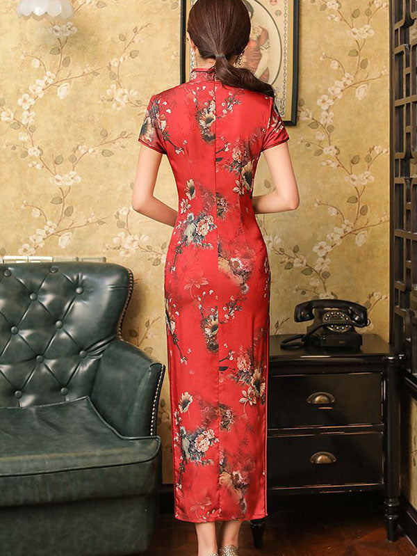 Vintage Satin Printed Split-Side Short Sleeve Long Cheongsams