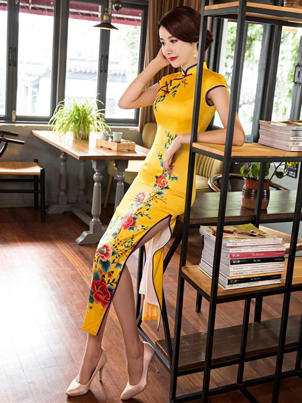 Traditional Cheongsam Long Dress with Open Sides, Two Colors