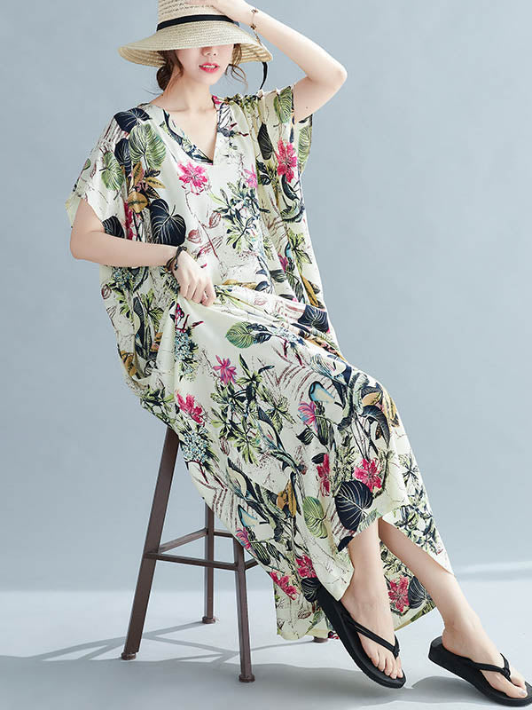 Original Floral Printed Loose Round-Neck Batwing Sleeves Maxi Dress