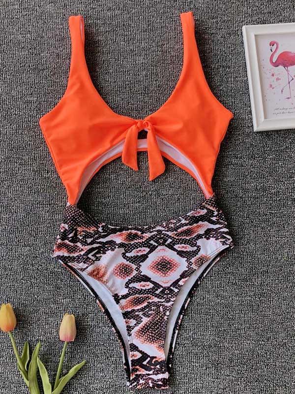 Plain Top With Printed Panty One-piece Swimsuit