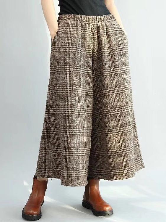 Loose Plaid Elastic waist  Wide leg Pants