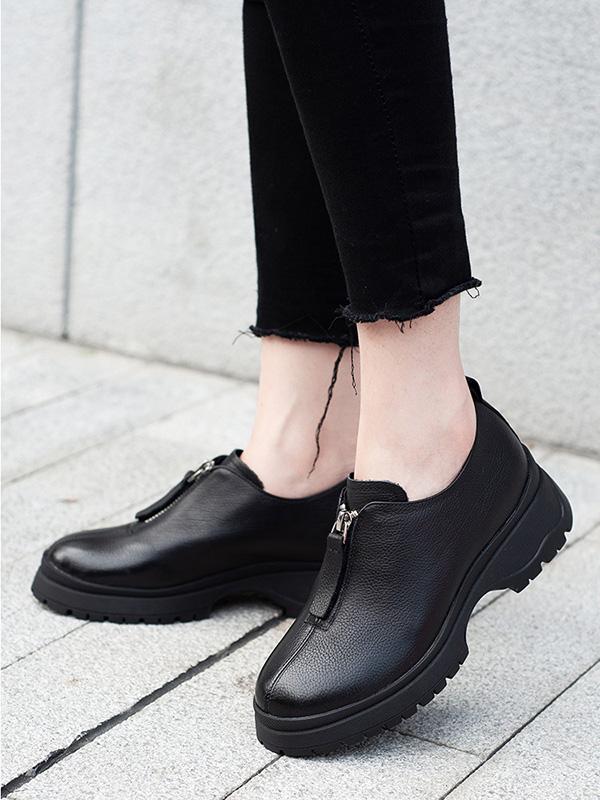 Leather Round Head Zipper Flats Shoes