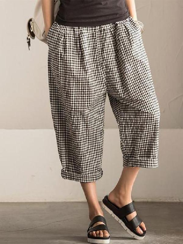 Casual Vintage Plaid Elastic Waist Pants