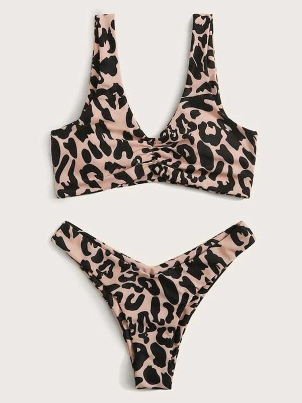 Leopard Print Folded Split Bikini Swimsuit